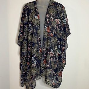 Jolt Boho Navy Blue Floral Kimono Cardigan Sheer Tropical Swim Coverup Size L